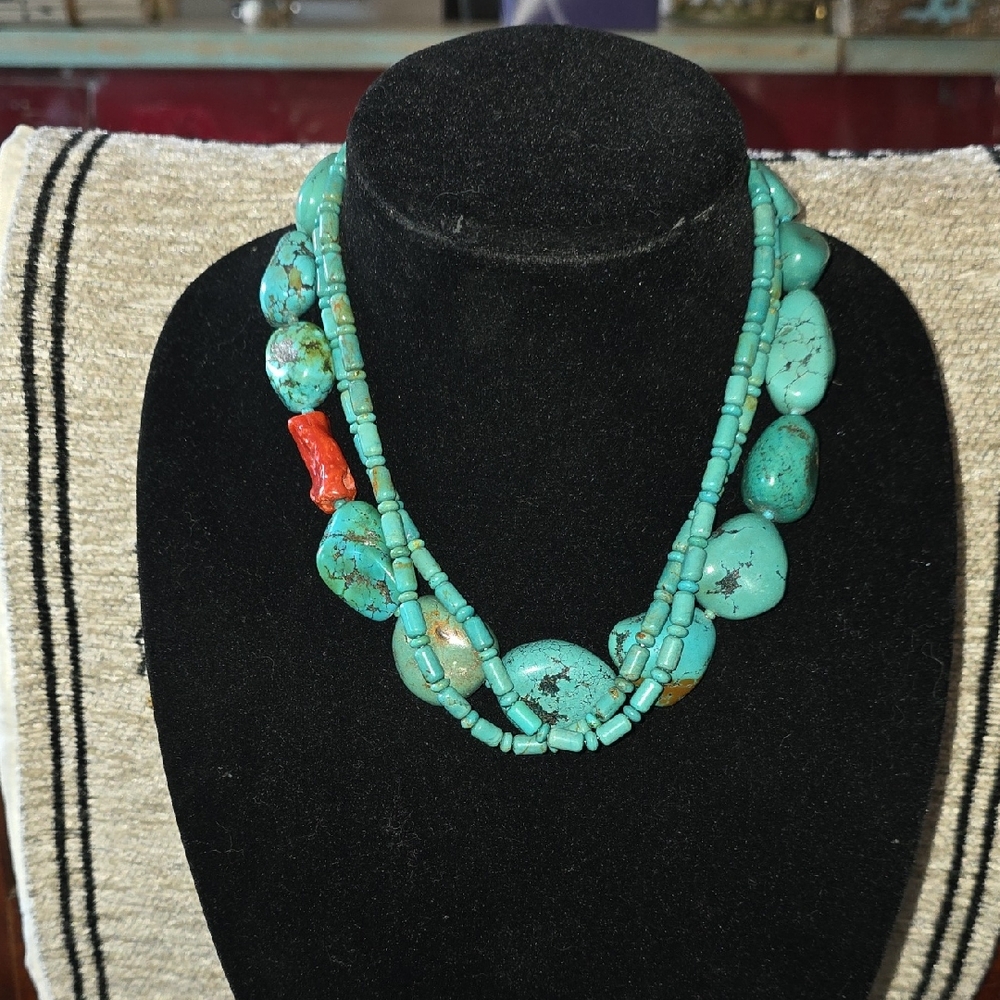 Turquoise and Coral Beaded Necklace